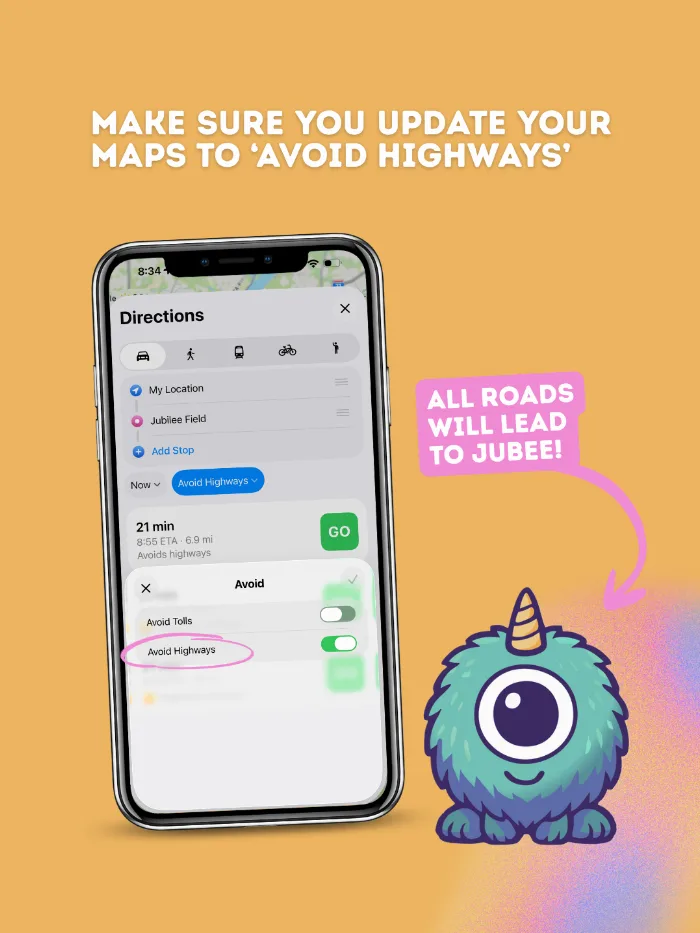 A phone maps app with “Avoid Highways” turned on, showing a 21-minute, 6.9-mile route to Jubilee Field