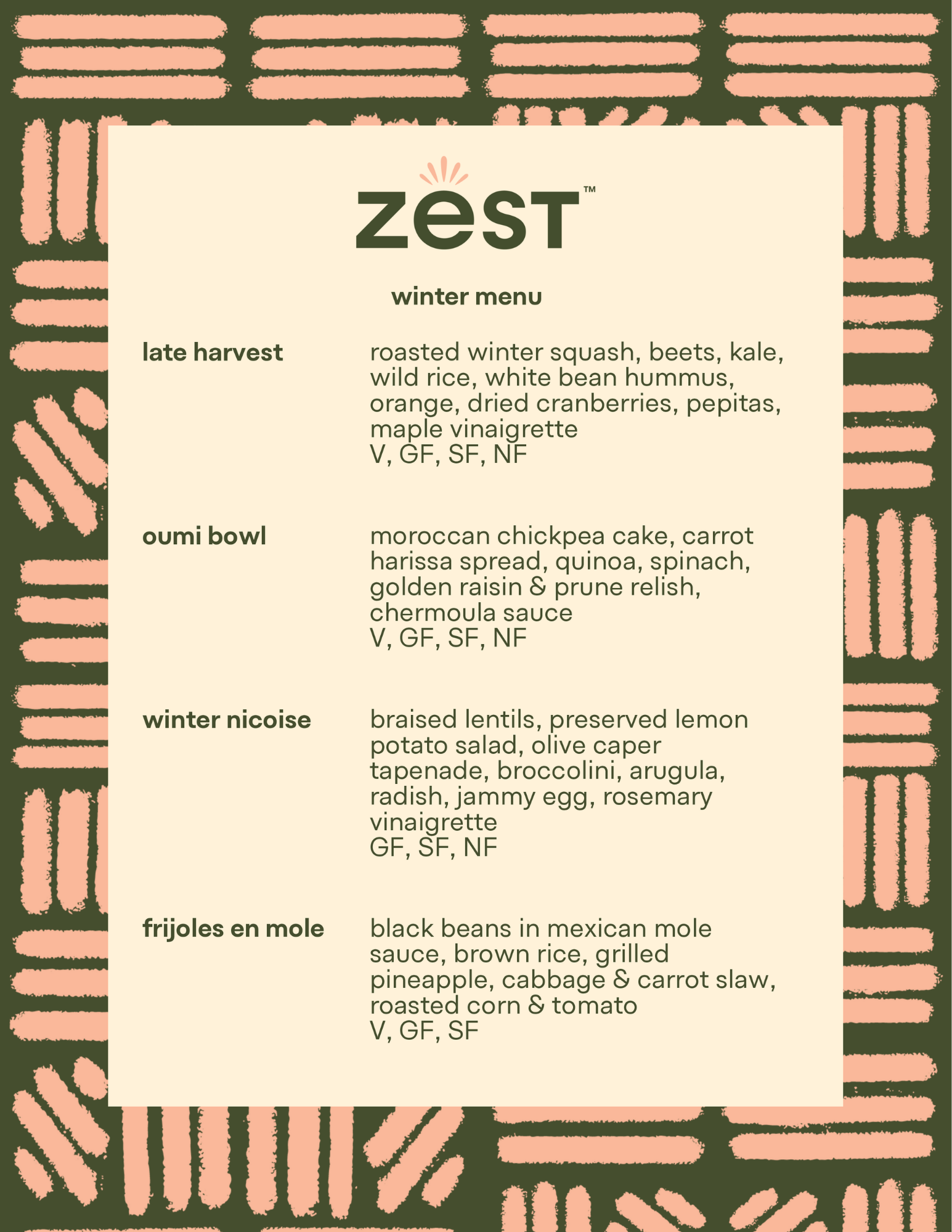 Food brought to you by Zest- includes very healthy, gluten free, and allergen free foods.